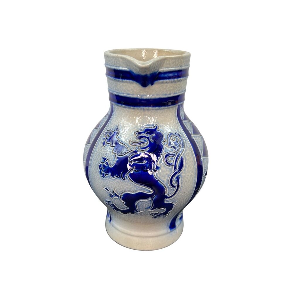 Vintage Pitcher Reinhold Merkelbach Cobalt Blue Lion Salt-glazed Germany Signed